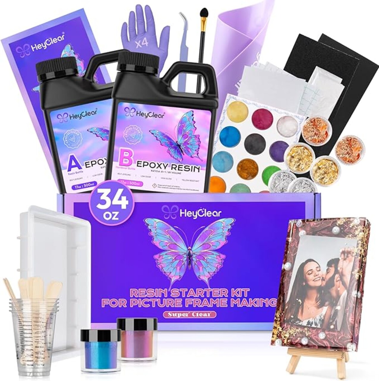 Epoxy Resin Picture Frame Silicone Mold Kit -34 oz Super Clear and Hard Resina Complete Craft Accessories and Supplies Set for Casting Art, DIY Photo Gifts
